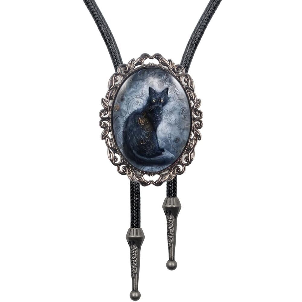 9749 Gothic Bolo Tie Cameo Western Cowboy Black Cat Bat Witch Vintage
